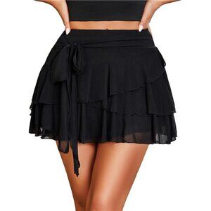 Womens Y2K Mesh Mini Skirt Ruffle Flowy High Waist Club Party Lingerie